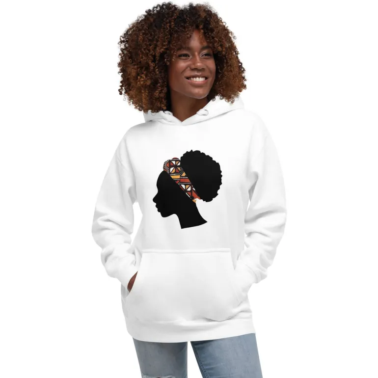 Hoodie - Unisex - Hoofd met oranje bogolan haarband D005 (Hoodie beschikbaar in meerdere kleuren)
