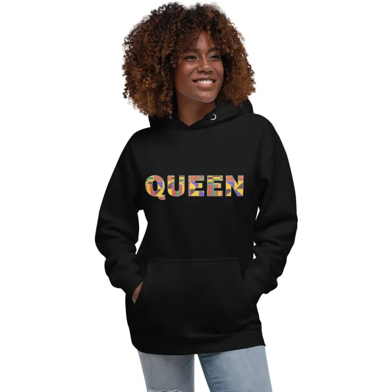 Hoodie - Unisex - QUEEN in kente print D009 (Hoodie in Zwart of Wit)