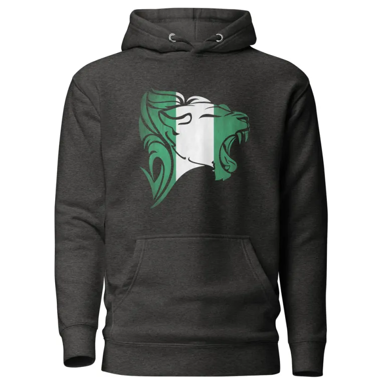 Hoodie - Unisex - Roaring Lion in Nigeriaanse vlag D026 (Hoodie in Zwart of Grijs)