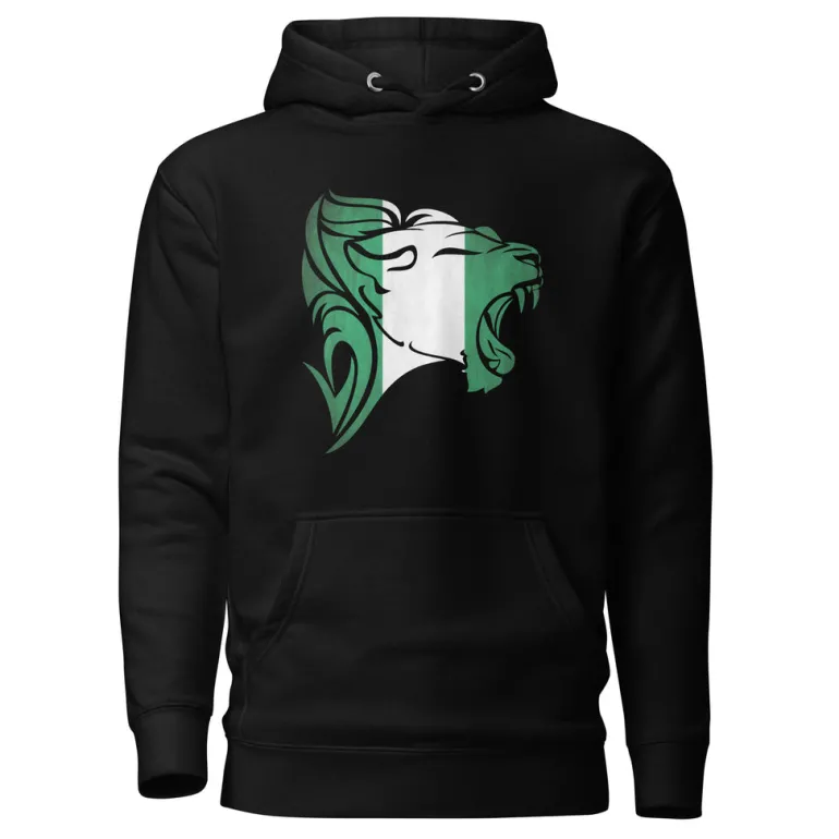 Hoodie - Unisex - Roaring Lion in Nigeriaanse vlag D026 (Hoodie in Zwart of Grijs)
