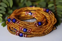 3 in 1 Waist Beads / Afrikaanse Heupketting - IYORE- Blauw / goud (elastisch)