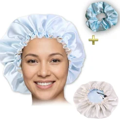 Lichtblauwe Satijnen Slaapmuts / Haar bonnet van Satijn / Satin hair bonnet + Satijnen scrunchie