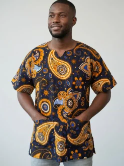 Marineblauw Geel Paisley Dashiki Shirt / Dashiki Jurk - Afrikaans shirt - Unisex