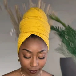 Ochre geel hoofddoek - Headwrap van stretchy Jersey stof