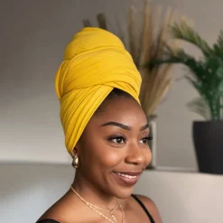 Ochre geel hoofddoek - Headwrap van stretchy Jersey stof