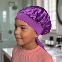 Paarse Satijnen slaapmuts met bandjes (kinderen / kindermaat 3-7 jaar) (Kinder Haar Bonnet)