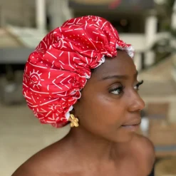 Rode mud / bogolan Satijnen Slaapmuts / Haar bonnet van Satijn / Satin hair bonnet