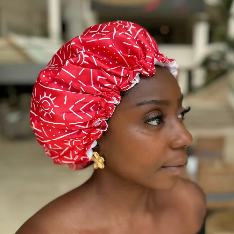 Rode mud / bogolan Satijnen Slaapmuts / Haar bonnet van Satijn / Satin hair bonnet
