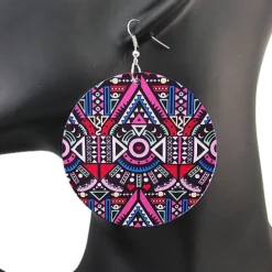 Roze / Blauwe tribal print Oorbellen - Afrikaanse drop oorbellen
