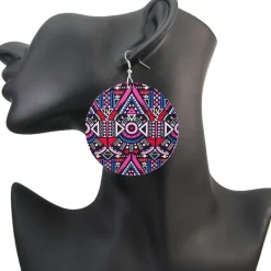 Roze / Blauwe tribal print Oorbellen - Afrikaanse drop oorbellen