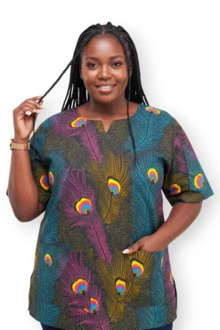 Roze Blauw Peacock Feather Dashiki Shirt / Dashiki Jurk - Afrikaans shirt - Unisex