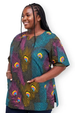 Roze Blauw Peacock Feather Dashiki Shirt / Dashiki Jurk - Afrikaans shirt - Unisex