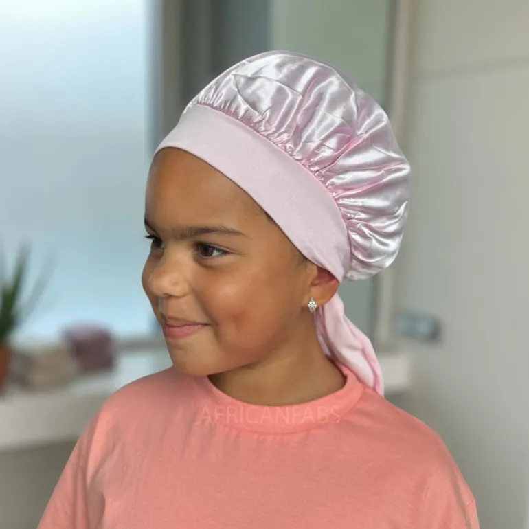 Roze Satijnen slaapmuts met bandjes (kinderen / kindermaat 3-7 jaar) (Kinder Haar Bonnet)