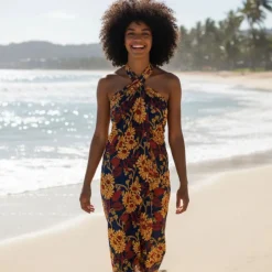 Sarong / pareo / pangi katoen - Strandkleding wikkelrok / omslagdoek / baby wrap - Blauw en Geel Floral Vines