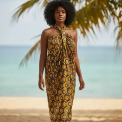 Sarong / pareo / pangi katoen - Strandkleding wikkelrok / omslagdoek / baby wrap - Bruine Hexagon