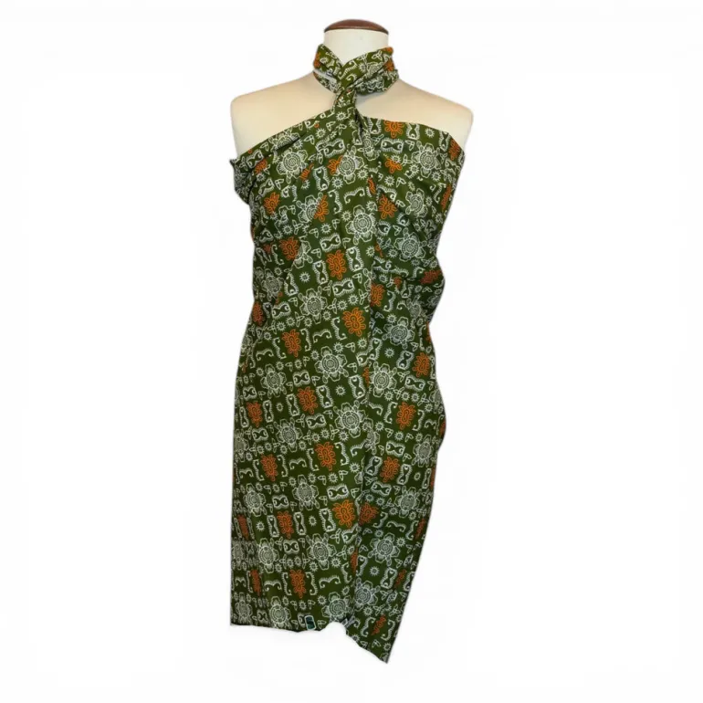Sarong / pareo / pangi katoen - Strandkleding wikkelrok / omslagdoek / baby wrap - Olijfgroen Oranje Bogolan iconen