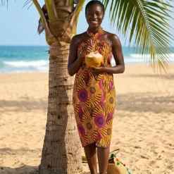 Sarong / pareo / pangi katoen - Strandkleding wikkelrok / omslagdoek / baby wrap - Bruin Geel Circle Rays