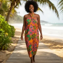 Sarong / pareo / pangi katoen - Strandkleding wikkelrok / omslagdoek / baby wrap - Oranje Roze Floral Vines