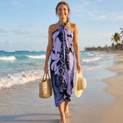 Sarong / pareo - Strandkleding wikkelrok - Paars / zwart flower