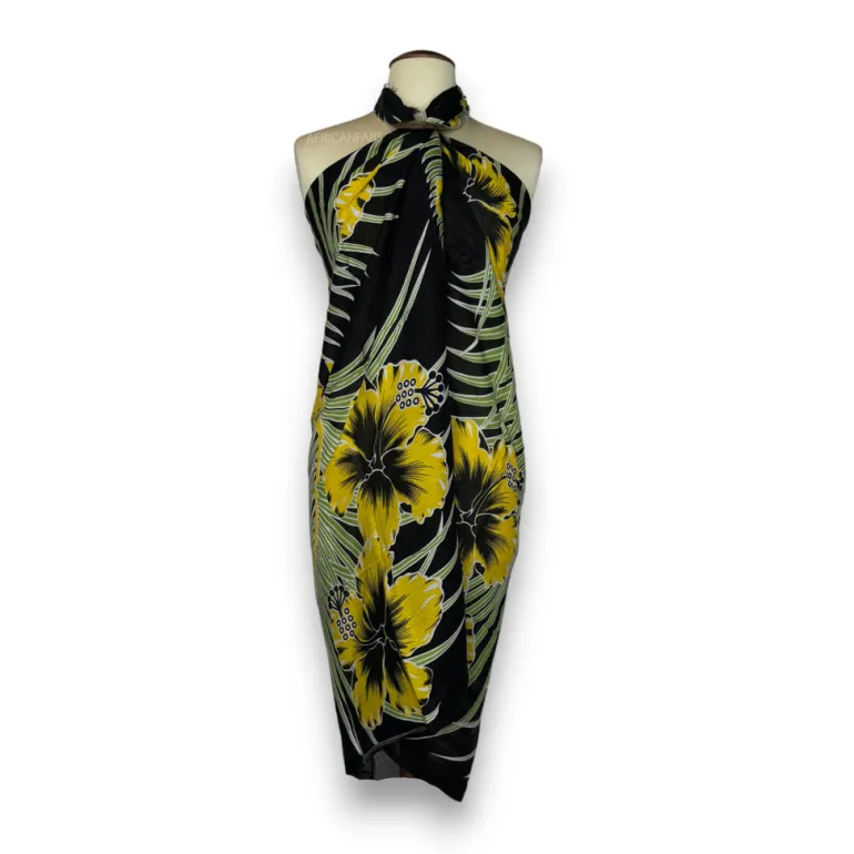 Sarong / pareo - Strandkleding wikkelrok - Zwart / gele bloem