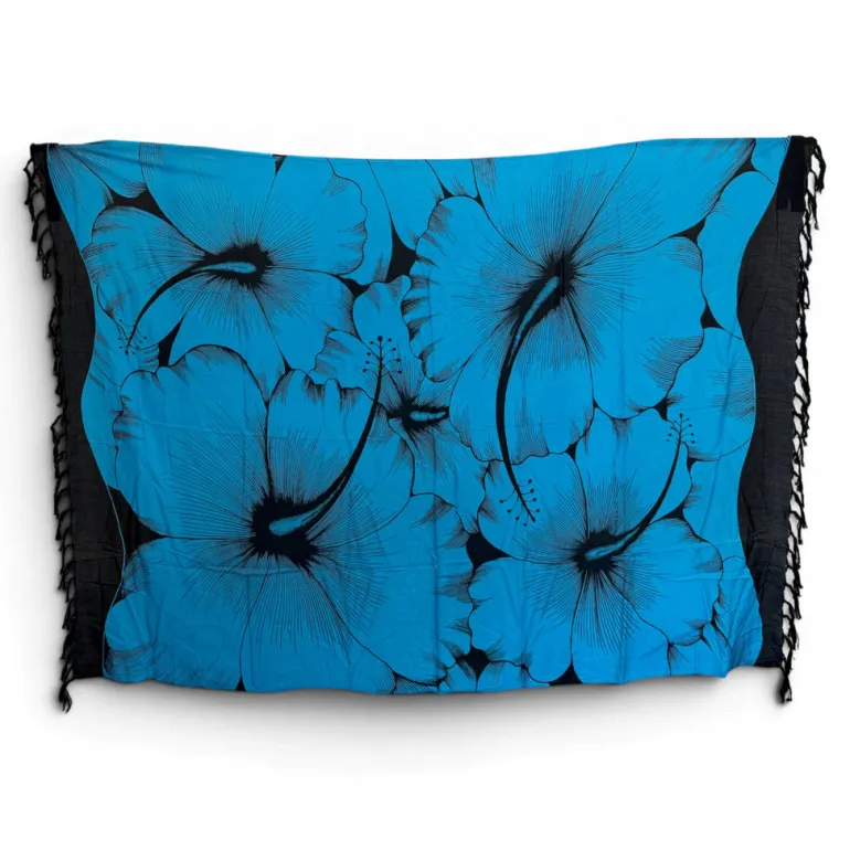 Sarong / pareo - Strandkleding wikkelrok - Blauw Zwart Hibiscus Breeze