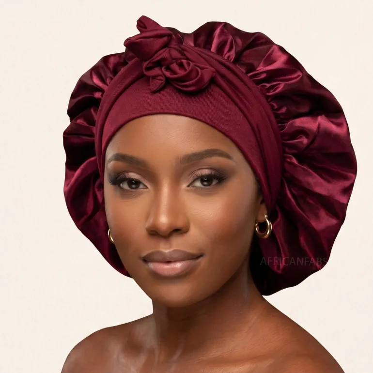 Satijnen Haar Bonnet met Banden - Rood (Satijnen Slaapmuts )