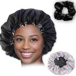 Satijnen Slaapmuts Zwart + Scrunchie / Hair Bonnet / Haar bonnet van Satijn / Satin bonnet