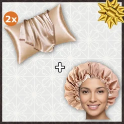 SATIN SET - Bescherm je haar & huid - Kaki Satijnen Slaapmuts + 2 x Kaki Satijnen kussensloop