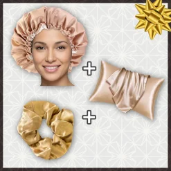 SATIN SET - Bescherm je haar & huid - Kaki Satijnen Slaapmuts + Satijnen kussensloop + Scrunchie