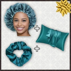 SATIN SET - Bescherm je haar & huid - Teal Satijnen Slaapmuts + Satijnen kussensloop + Scrunchie