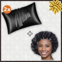 SATIN SET - Bescherm je haar & huid - Zwart Satijnen Slaapmuts + 2 x Zwart Satijnen kussensloop