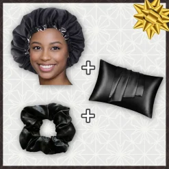 SATIN SET - Bescherm je haar & huid - Zwarte Satijnen Slaapmuts + Satijnen kussensloop + Scrunchie