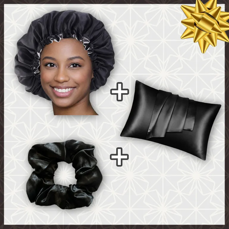 SATIN SET - Bescherm je haar & huid - Zwarte Satijnen Slaapmuts + Satijnen kussensloop + Scrunchie