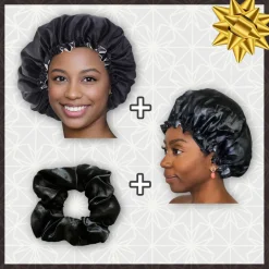 SATIN SET - Bescherm je haar & keep it dry - Zwarte Satijnen Slaapmuts + Douchemuts + Scrunchie