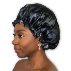 SATIN SET - Bescherm je haar & keep it dry - Zwarte Satijnen Slaapmuts + Douchemuts + Scrunchie