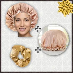 SATIN SET - Bescherm je haar & keep it dry - Kaki Satijnen Slaapmuts + Douchemuts + Scrunchie