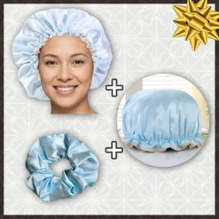 SATIN SET - Bescherm je haar & keep it dry - Lichtblauwe Satijnen Slaapmuts + Douchemuts + Scrunchie