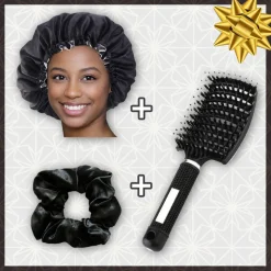 SATIN SET - Bescherm & verzorg je haar - Zwarte Satijnen Slaapmuts + Curved Detangler Haarborstel + Scrunchie