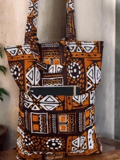 Shopper tas met Afrikaanse print - Bruine Bogolan - Herbruikbare Boodschappentas van katoen