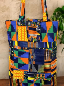 Shopper tas met Afrikaanse print - Blauw Oranje Kente - Herbruikbare Boodschappentas van katoen