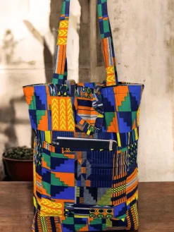 Shopper tas met Afrikaanse print - Blauw Oranje Kente - Herbruikbare Boodschappentas van katoen