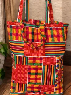 Shopper tas met Afrikaanse print - Oranje Groene Kente - Herbruikbare Boodschappentas van katoen