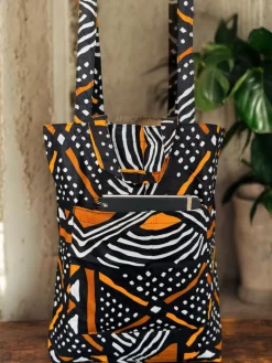 Shopper tas met Afrikaanse print - Zwart Oranje Bogolan - Herbruikbare Boodschappentas van katoen