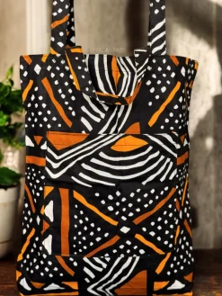 Shopper tas met Afrikaanse print - Zwart Oranje Bogolan - Herbruikbare Boodschappentas van katoen