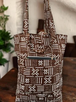 Shopper tas met Afrikaanse print - Bruine X Bogolan - Herbruikbare Boodschappentas van katoen