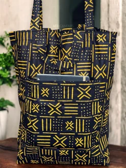 Shopper tas met Afrikaanse print - Zwart Gele X Bogolan - Herbruikbare Boodschappentas van katoen