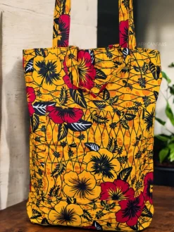 Shopper tas met Afrikaanse print - Gele Flowers - Herbruikbare Boodschappentas van katoen