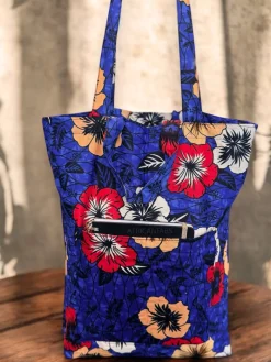 Shopper tas met Afrikaanse print - Blauwe Flowers - Herbruikbare Boodschappentas van katoen