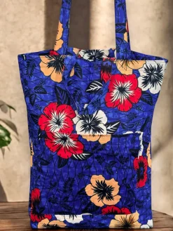 Shopper tas met Afrikaanse print - Blauwe Flowers - Herbruikbare Boodschappentas van katoen