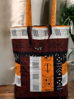 Shopper tas met Afrikaanse print - Donkerbruin / Geel Bogolan Symbols - Herbruikbare Boodschappentas van katoen